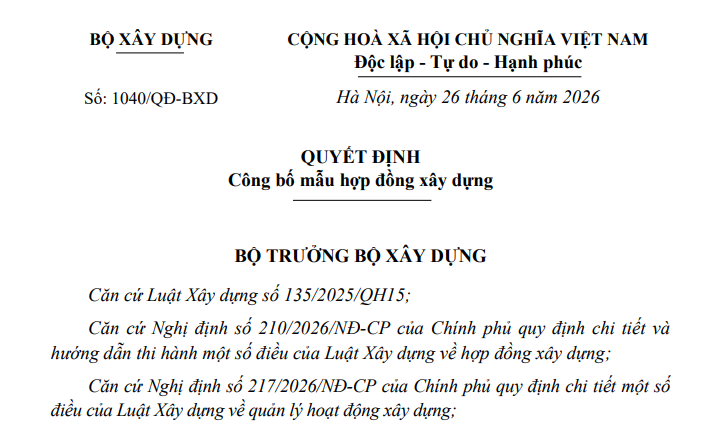 Đã có Quyết định 1040/QĐ-BXD công bố mẫu hợp đồng xây dựng