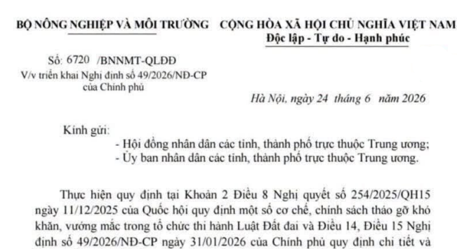 Công văn 6720/BNNMT-QLĐĐ triển khai Nghị định 49 tháo gỡ vướng mắc Luật Đất đai