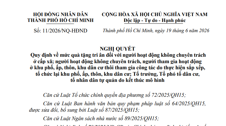 Đã có Nghị quyết 11/2026/NQ-HĐND về mức quà tặng tri ân cán bộ không chuyên trách cấp xã tại TPHCM
