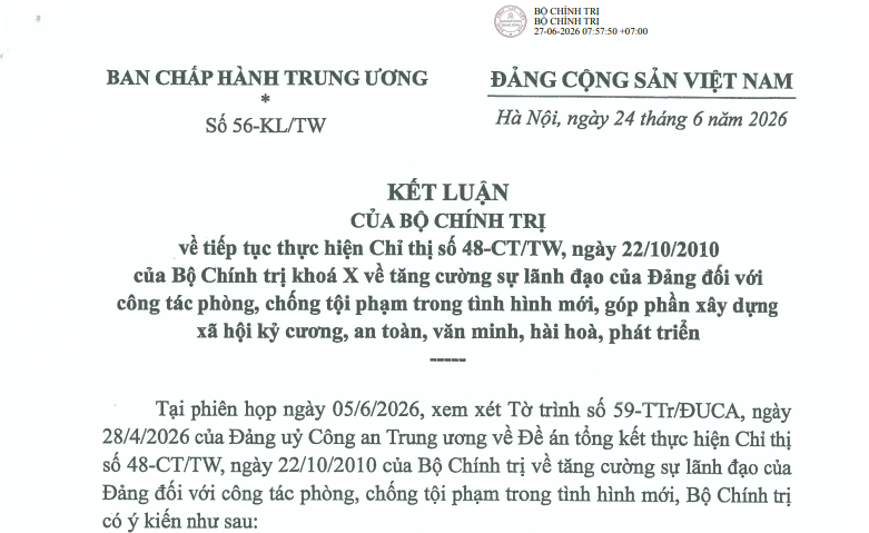 Đã có Kết luận 56-KL/TW về phòng chống tội phạm trong tình hình mới