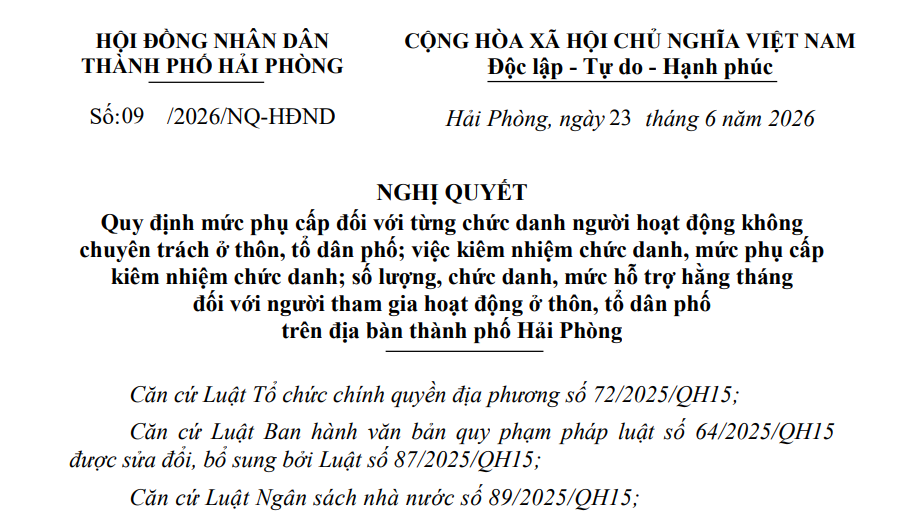Mức phụ cấp của người hoạt động không chuyên trách ở thôn tổ dân phố tại Hải Phòng từ 01/7/2026
