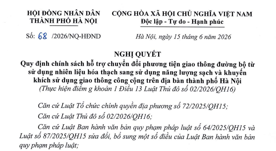 Chính sách hỗ trợ chuyển đổi xe xăng sang xe năng lượng sạch tại Hà Nội từ 01/7/2026 (Nghị quyết 68/2026/NQ-HĐND)