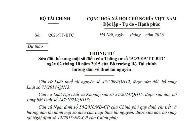 Đã có dự thảo Thông tư sửa đổi Thông tư 152/2015/TT-BTC về thuế tài nguyên