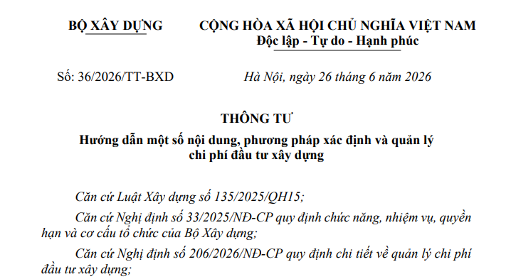 Đã có Thông tư 36/2026/TT-BXD hướng dẫn xác định và quản lý chi phí đầu tư xây dựng
