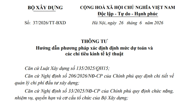 Đã có Thông tư 37/2026/TT-BXD hướng dẫn xác định định mức dự toán xây dựng