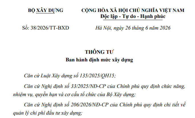 Đã có Thông tư 38/2026/TT-BXD về định mức xây dựng từ ngày 1/7/2026