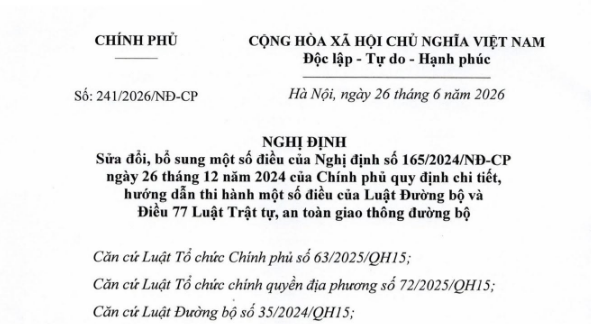 Đã có Nghị định 241/2026/NĐ-CP sửa đổi Nghị định 165/2024 hướng dẫn Luật Đường bộ và Luật Trật tự an toàn giao thông đường bộ