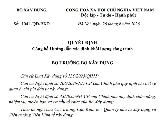 Đã có Quyết định 1041/QĐ-BXD hướng dẫn xác định khối lượng công trình