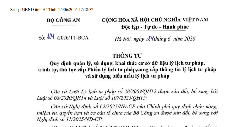 Đã có Thông tư 101/2026/TT-BCA về cấp Phiếu lý lịch tư pháp, cung cấp thông tin lý lịch tư pháp