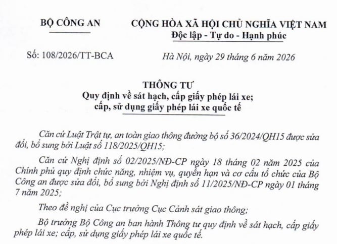 Toàn văn Thông tư 108/2026/TT-BCA về sát hạch cấp giấy phép lái xe (thay thế Thông tư 12)