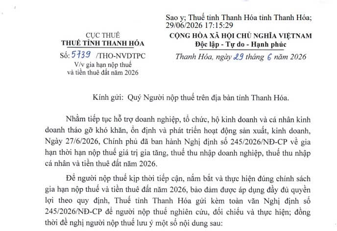 Công văn 5739 về gia hạn nộp thuế và tiền thuê đất năm 2026 (Thuế tỉnh Thanh Hoá) 