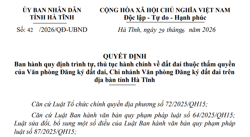 Đã có Quyết định 42/2026/QĐ-UBND thủ tục hành chính đất đai tại Hà Tĩnh