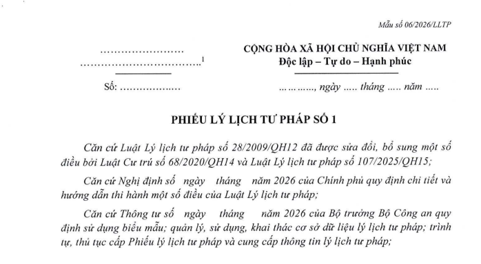 [Tải về] Mẫu Phiếu lý lịch tư pháp số 1 mới nhất và hướng dẫn cách điền mẫu số 06/2026/LLTP