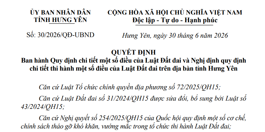 Đã có Quyết định 30/2026/QĐ-UBND hướng dẫn Luật Đất đai tại Hưng Yên