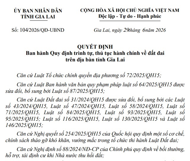 Đã có Quyết định 104/2026/QĐ-UBND thủ tục đất đai tỉnh Gia Lai
