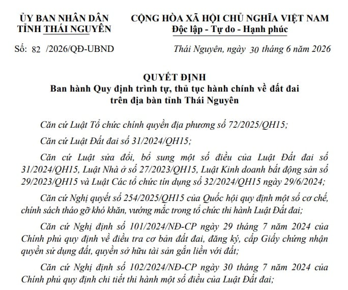 Đã có Quyết định 82/2026/QĐ-UBND thủ tục đất đai tỉnh Thái Nguyên