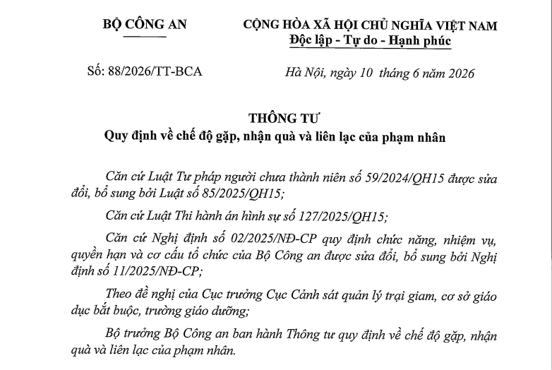 Đã có Thông tư 88/2026/TT-BCA về chế độ gặp, nhận quà và liên lạc của phạm nhân từ 01/7/2026