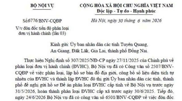 Công văn 6776/BNV-CQĐP đôn đốc tiến độ phân loại đơn vị hành chính (lần 3)