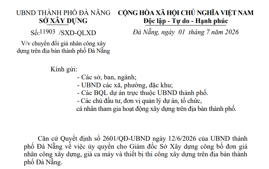 Bảng giá nhân công xây dựng tại Đà Nẵng từ 01/7/2026