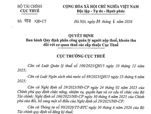 Quyết định 938/QĐ-CT: Phân công quản lý người nộp thuế đối với cơ quan thuế các cấp