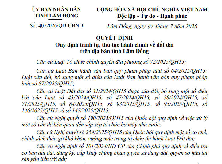 Đã có Quyết định 40/2026/QĐ-UBND thủ tục hành chính về đất đai tại Lâm Đồng