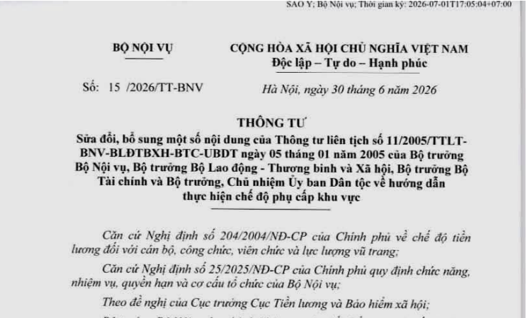 Đã có Thông 15/2026/TT-BNV sửa đổi bổ sung chế độ phụ cấp khu vực