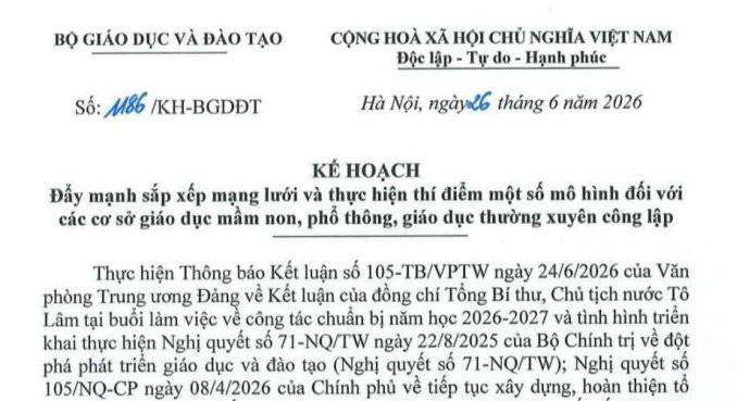 Đã có Kế hoạch 1186/KH-BGDĐT thực hiện sắp xếp cơ sở giáo dục