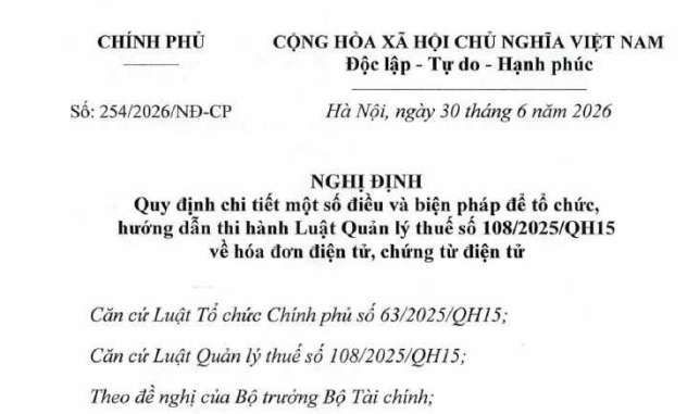 Đã có Nghị định 254/2026/NĐ-CP về hóa đơn điện tử, chứng từ điện tử