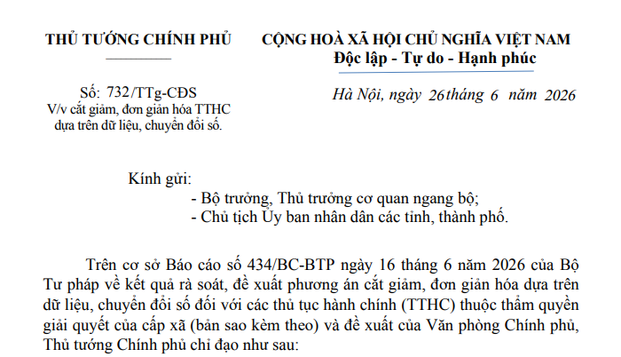 Công văn 732/TTg-CĐS 2026 cắt giảm đơn giản hóa TTHC dựa trên dữ liệu chuyển đổi số