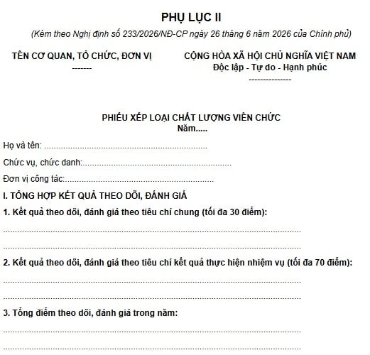 Mẫu phiếu xếp loại chất lượng viên chức năm 2026 theo Nghị định 233/2026/NĐ-CP