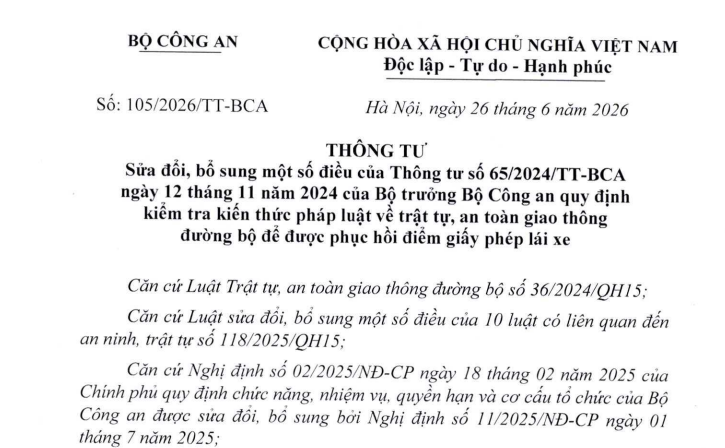 Đã có Thông tư 105/2026/TT-BCА sửa đổi Thông tư 65/2024 kiểm tra phục hồi điểm điểm giấy phép lái xe