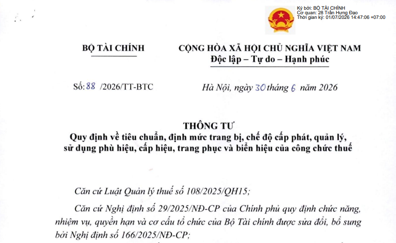 Đã có Thông tư 88/2026/TT-BTC trang phục và biển hiệu của công chức thuế