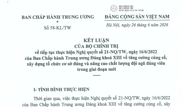 Đã có Kết luận 58-KL/TW xây dựng tổ chức cơ sở đảng và nâng cao chất lượng đội ngũ đảng viên