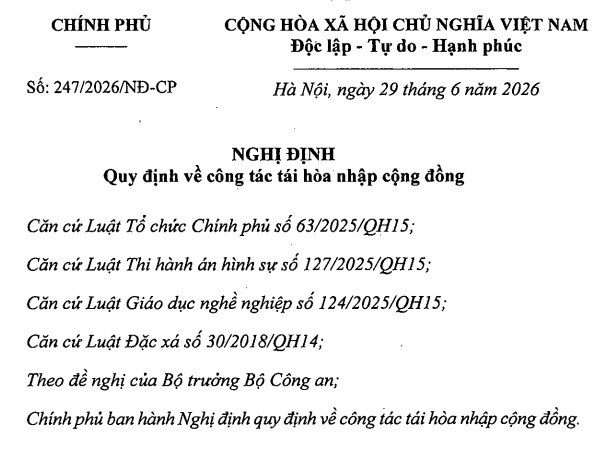 Đã có Nghị định 247/2026/NĐ-CP về công tác tái hòa nhập cộng đồng