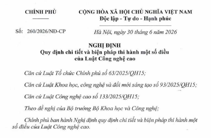 Đã có Nghị định 260/2026/NĐ-CP hướng dẫn Luật Công nghệ cao 2025