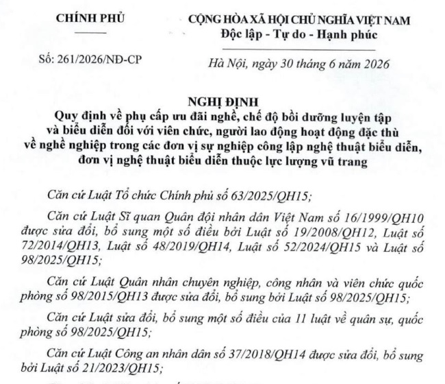 Đã có Nghị định 261/2026/NĐ-CP phụ cấp ưu đãi nghề đối với viên chức nghệ thuật biểu diễn