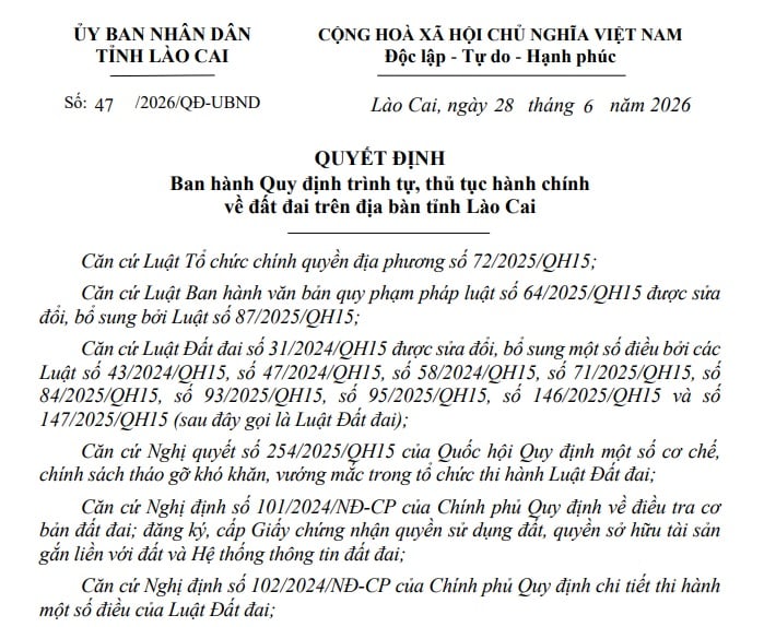 Đã có Quyết định 47/2026/QĐ-UBND thủ tục đất đai tỉnh Lào Cai
