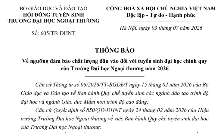 Điểm sàn trường Đại học Ngoại thương (FTU) mới nhất 2026
