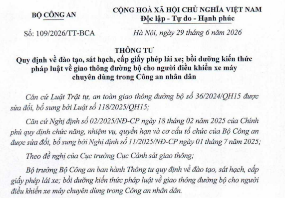 Đã có Thông tư 109/2026/TT-BCA về cấp giấy phép lái xe trong Công an nhân dân