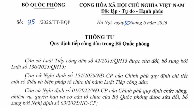 Đã có Thông tư 95/2026/TT-BQP quy định tiếp công dân trong Bộ Quốc phòng