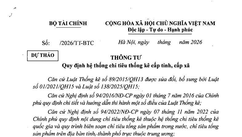 Đã có dự thảo Thông tư quy định hệ thống chỉ tiêu thống kê cấp tỉnh và cấp xã