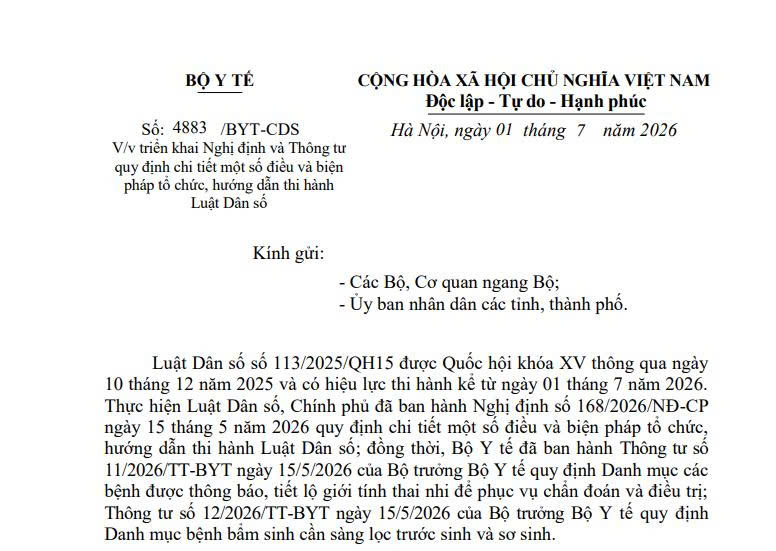 Công văn 4883/BYT-CDS: Triển khai Nghị định và Thông tư quy định chi tiết Luật Dân số 