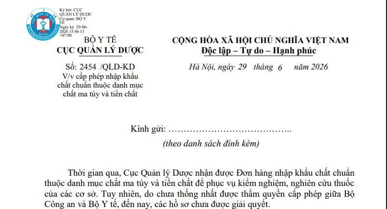 Công văn 2454/QLD-KD: Cấp phép nhập khẩu chất chuẩn thuộc danh mục chất ma túy và tiền chất