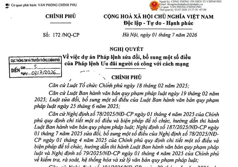 Nghị quyết 172/NQ-CP: Dự án Pháp lệnh sửa đổi Pháp lệnh Ưu đãi người có công với cách mạng