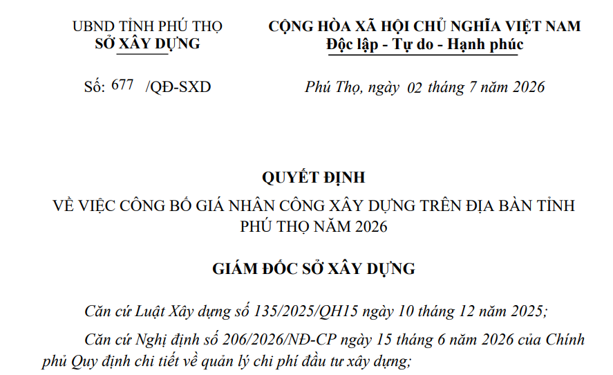 Bảng giá nhân công xây dựng Phú Thọ chuyển đổi theo Thông tư 37/2026/TT-BXD