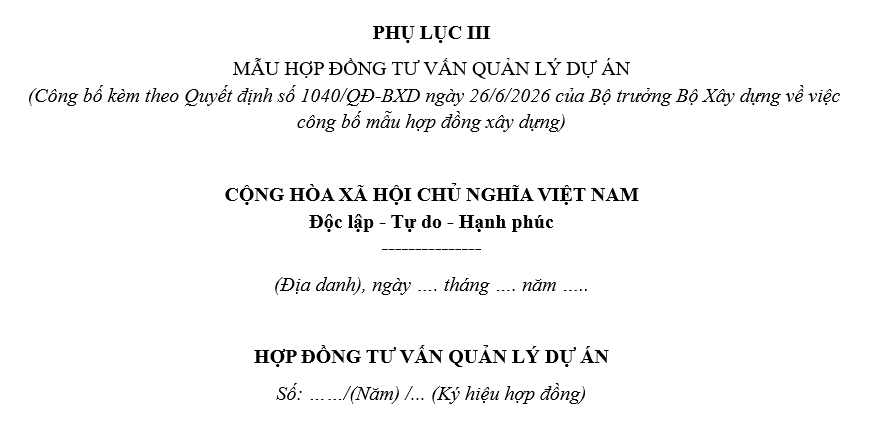 Tải mẫu hợp đồng tư vấn quản lý dự án 2026 theo Quyết định 1040/QĐ-BXD