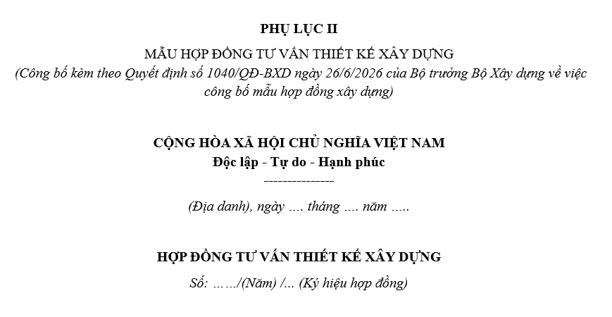 Tải mẫu hợp đồng tư vấn thiết kế xây dựng 2026 theo Quyết định 1040/QĐ-BXD