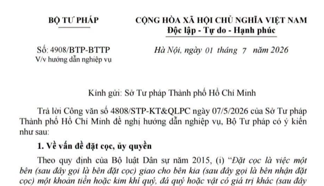Công văn hướng dẫn nghiệp vụ về đặt cọc ủy quyền cho thuê tài sản đang thế chấp (Công văn 4908/BTP-BTTP)