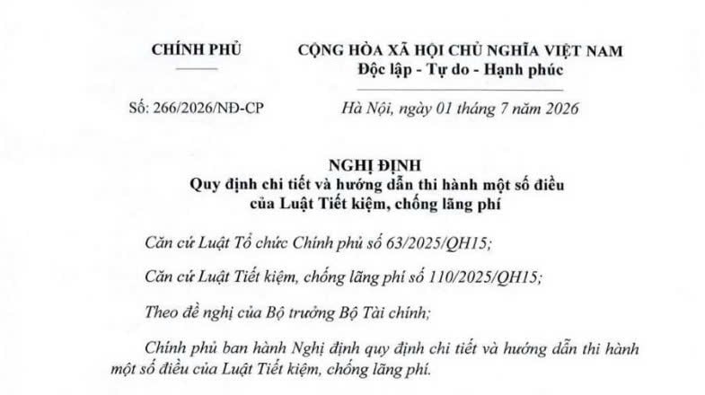Đã có Nghị định 266/2026/NĐ-CP hướng dẫn thi hành Luật Tiết kiệm chống lãng phí 