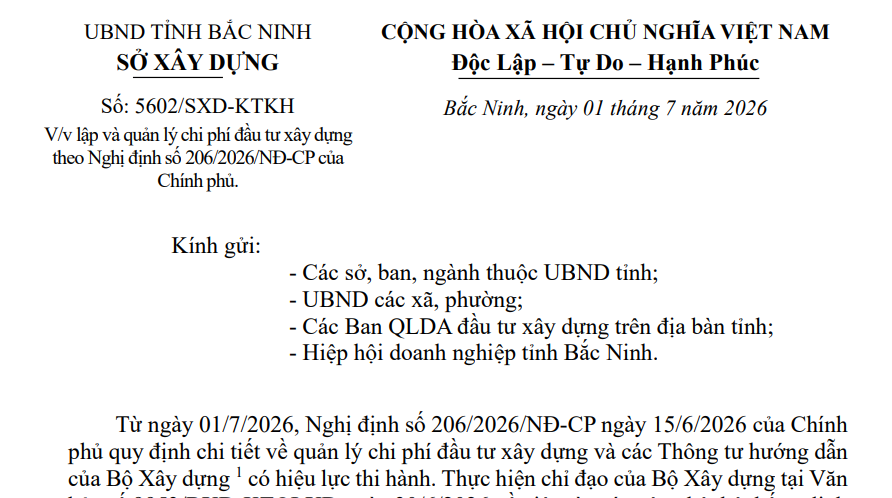 Bảng giá nhân công xây dựng tại Bắc Ninh từ 01/7/2026 (Công văn 5602/SXD-KTKH)